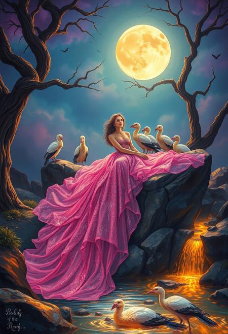 oil painting style, Fantasy scene of a woman in a glittering pink gown flowing like a river over rainbow rocks. 
She sits under a glowing full moon framed by twisted trees. Surrounded by six vivid dodo birds, near a golden-lit stream in a surreal, twilight landscape.
<lora:FLUX-daubrez-DB4RZ-v2:0.72>,
<lora:The_Dark_Side_Of_The_Future:0.4>,
<lora:DarkGhibliMJ7:0.77>,