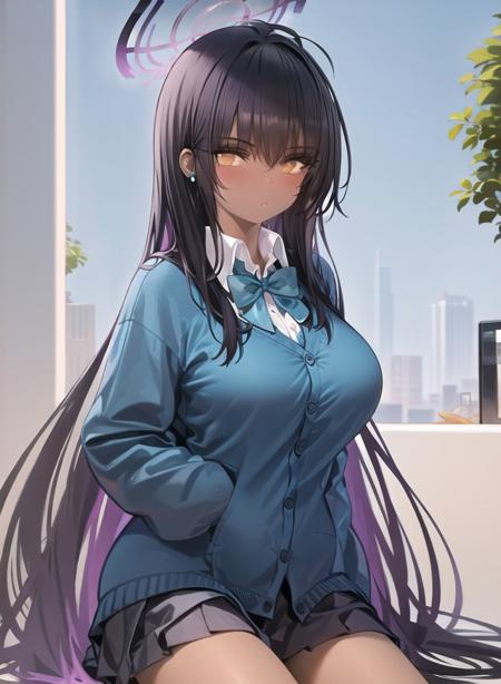 1girl,masterclass,best quality,   blue_cardigan, blue_bowtie, collared_shirt, halo, karin_(school_uniform)_(blue_archive), pleated_skirt, school_uniform,  stud_earrings,   closed_mouth, long_sleeves,  black_skirt ,very dark skin,<lora:Karin8V3_e6:1>,very long hair, outdoors, <lora:Kincora_V2U_e8:1>,eyelashes, arm support,