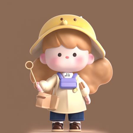 a little girl,  shiny clothes, carrying a school bag,  hat, brown hair,  long long hair, , yellow dress, holding a bookt, Soft light, white background <lora:Chibi persona:1>