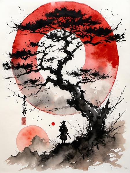 by Yoji Shinkawa, inksplat, traditional japanese art style, ink on wite rice paper
calligraphic, kanji, wabi-sabi, henna and carmine, textural
Old tree, one human, one red sun. Venus. Space. Clouds wet to wet techniques
center glow, vibrant, deep rich colors, dramatic lighting