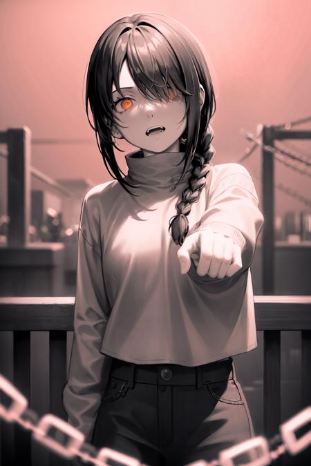 dog 1girl,black hair,yellow eyes,long hair,braided ponytail,hair between eyes, chain,grin,black shirt,ringed eyes, 