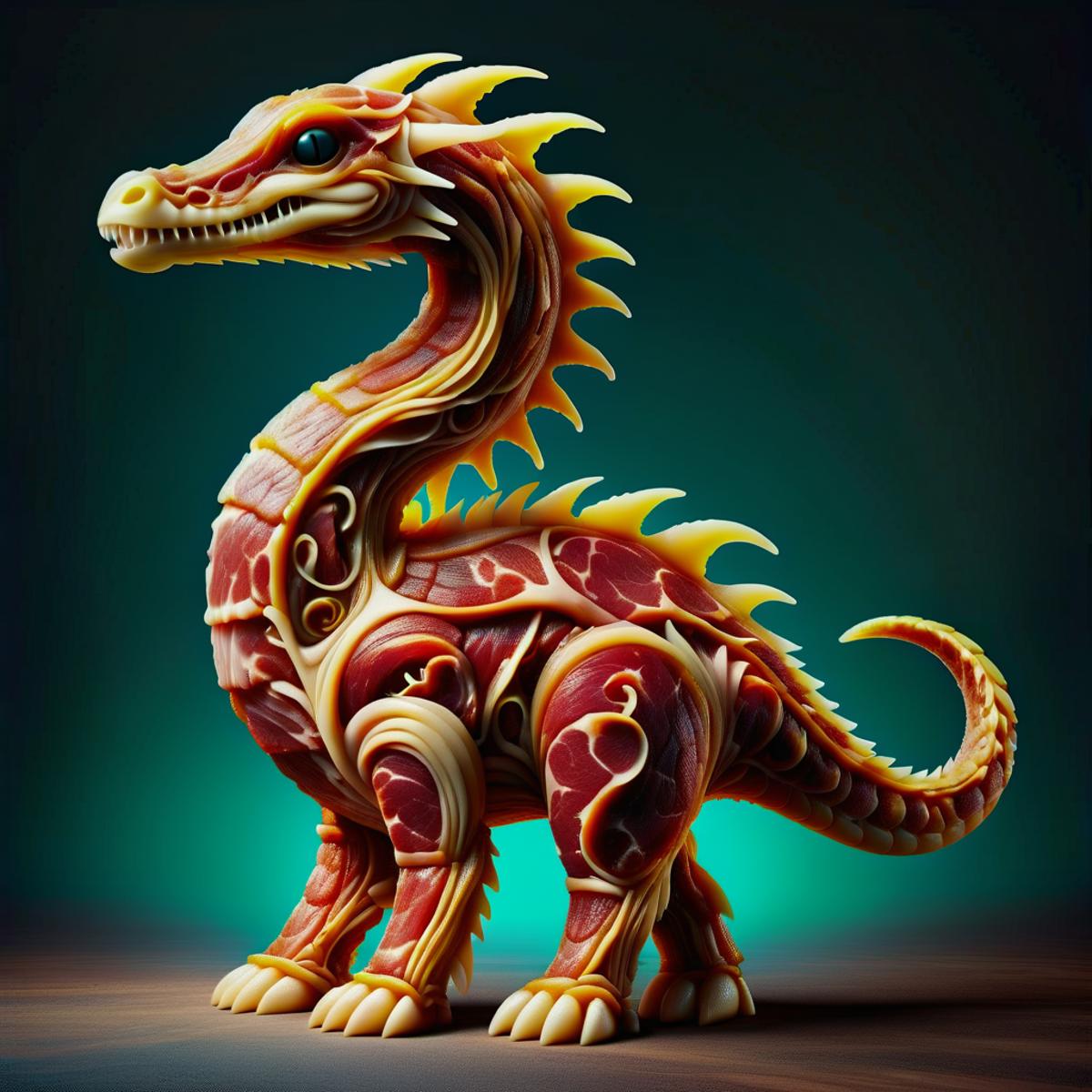 A 3D sculpture of a dragon, featuring a steampunk design with gears and a green background.