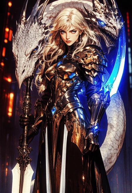 a futuristic, cyberpunk-styled female warrior. She stands in the center of the image, exuding a commanding presence. Her skin is pale and her long, flowing golden hair contrasts starkly with the dark, gold armor that covers her body. The armor is intricately detailed with sharp, angular lines and glowing diamond , particularly around her right arm, which emits a vibrant, ethereal blue light.
She wields a large, double-headed scythe that is almost as tall as she is. The scythe has a metallic sheen, with one blade being a sharp, white, almost crystalline material, and the other blade emitting a similar blue glow. Her expression is intense and focused, with piercing blue eyes that match the glow from her arm.
Behind her, a massive, serpentine dragon with a similarly pale, almost white, scales is coiled protectively. The dragon's eyes are glowing blue, matching her arm and adding to the overall mystical and powerful aura of the scene. The background is a dark, industrial setting with blurred, metallic structures and neon lights, enhancing the cyberpunk feel. The artwork is highly detailed and rendered in a realistic yet fantastical style, typical of high-quality digital art.