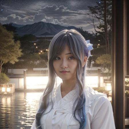 <lora:twcoser_02:0.7>, 1girl, solo, photorealistic, realistic, (indoors, onsen hotel), upper body, cosplayer, looking at viewer, starry,strry light,night,colorful,cloud,star \(sky\), <lora:lightAndShadow_v10:0.5>, (hanfu:1.1)