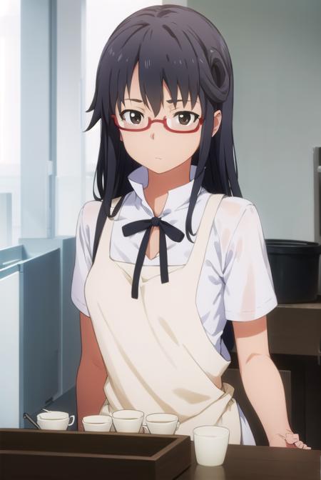 mayamatsumoto, <lora:maya matsumoto s2-lora-nochekaiser:1>,
maya matsumoto, long hair, black hair, (brown eyes:1.3), glasses, apron, semi-rimless eyewear, red-framed eyewear, under-rim eyewear,
BREAK apron, waitress,
BREAK indoors, restaurant,
BREAK looking at viewer, (cowboy shot:1.5),
BREAK <lyco:GoodHands-beta2:1>, (masterpiece:1.2), best quality, high resolution, unity 8k wallpaper, (illustration:0.8), (beautiful detailed eyes:1.6), extremely detailed face, perfect lighting, extremely detailed CG, (perfect hands, perfect anatomy),