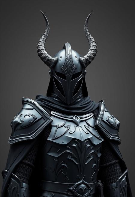 gothic knight with ultra realistic and hyper detailed dark armor + beautiful horned helmet + long black cape + grey background, 8k , octane render