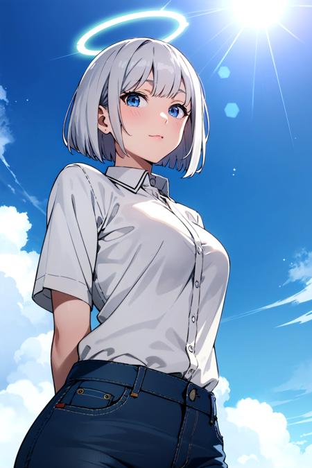 masterpiece, best quality, cute, petite,
short hair, bob cut, silver hair, blue eyes, denim, shirt, large breasts, halo, arms behind back,
from below, wind, looking at viewer, lens flare,