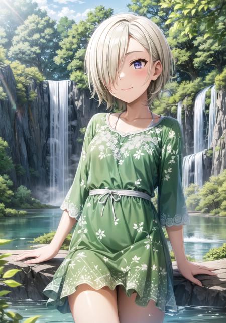 (masterpiece, best quality, ultra-detailed), (illustration), (beautiful detailed eyes), 1girl, solo, mia taylor, short hair, blonde hair, purple eyes, hair over one eye, <lora:Mia_1.1:0.7>, medium breasts
dress, short sleeves
light smile, cowboy shot, tareme, arms support
outdoors, day, blue sky, (greenery, trees, leaves, lake, waterfall, rock:1.3), depth of field,  <lora:1651489307798708599 (1):0.6> <lora:add_detail:0.4> <lora:GoodHands-vanilla:1> <lora:tareme:0.4>