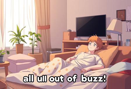 A ginger male, anime, text at bottom "all out of buzz", nightclothes on, in living room, neutral expression