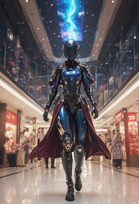 Capturing the fusion of elegance and technology, behold the cyborg samurai princess strolling through the mall, a shopping bag in hand. Clad in a sleek bodysuit adorned with a mesmerizing dark mystical galaxy pattern, she commands attention as awestruck onlookers admire her presence.. Dive into the emotions, obstacles, and enigmatic ambiance conveyed by this distinctive scenario. very detailed, 
creating a hyperpunk scene with desaturated dark red and blue details, colorful (polaroid:0.7) with vibrant colors, (vacations, high resolution:1.3), (small, selective focus, european film:1.2), (sexual advance:1.1), closeup