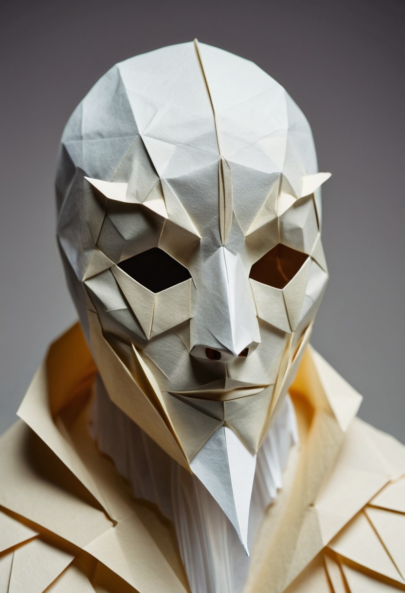 Origami paper folds papercraft. Medium shot. A Ghostface mask made of folded paper stationery, intricately crafted details. Soft focus. Intricate paper textures, tiny creases, and layered folds. Ethereal glowing edges, muted pastel color scheme. Soft, diffused lighting, warm beige tones, and gentle gradients. 8K resolution, 64 megapixels, hyper-detailed, ultra-realistic, incredibly intricate, paper art, stationery craft, soft focus photography, eerie atmosphere, horror icon, masked figure.