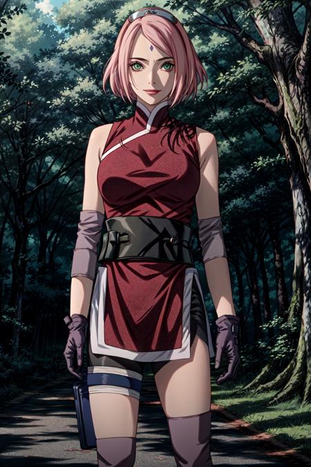 sakuraTheLast, woman, masterpiece, best quality, incredibly absurdres, solo , mature female, sleeveless, green eyes, knee pads, black gloves, black shorts, bangs, bandaged leg, black obi,   forehead mark, forehead protector, konohagakure symbol, qipao dress, pale skin, looking at viewer,    full body, lipstick, badass,  evil smile ,  standing, waiting,  ((shadow)),outdoors, background forest,   <lyco:BetterHands:1.0>, <lora:DetailLora:1.1>,     <lora:sakuraTheLastV7-000018:1>,   <lora:LowRA:0.4> dark theme