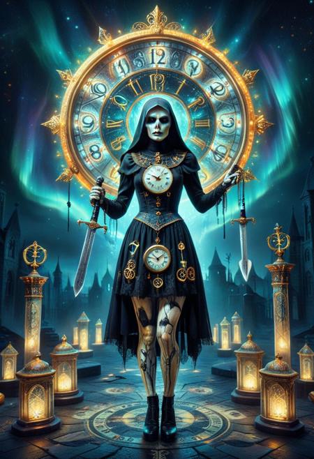 cstatuesdxl, morph-aurora, alabaster statue of 1girl, full body, emo makeup, short hairs, veil, black nun outfit chocker with gold clock in it, clock  embroidery, vampire fangs, long sharp claws, psychadelic aurora light,
,hair accesory, holding clock-graved sword,  broken surreal , cultist temple background, horror themed, bokeh,
