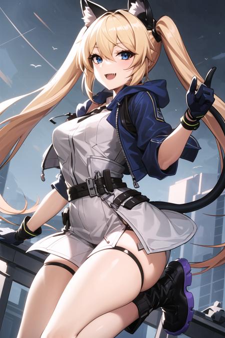 masterpiece, best quality,  <lora:mixueer:0.8>,
1girl, blonde hair, blue eyes, solo, jacket, long hair, gloves, twintails, open mouth, tail, blue jacket, bandaid, black gloves,  hair between eyes, animal ears, smile, fang, boots