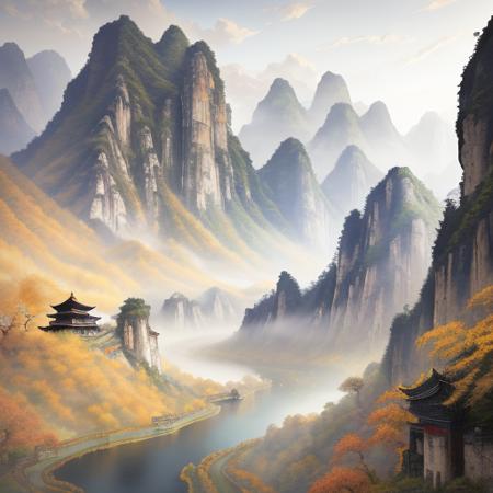 ancient chinese style landscape painting, mountains in front, beautiful winding green river behind, extremely sharp old paper detail, high paper detail, high line detail, high resolution, ultra high quality, raw, 8k image, extremely high color detail, intricate, epic composition, cinematic lighting, masterpiece, bold complimentary colors. stunning masterfully illustrated by artgerm and range chinese style landscape painting, yellow paper color, painted with black and white ink, extremely sharp old paper detail, high paper detail, high line detail, high resolution, ultra high quality, raw, 8k image, extremely high color detail, intricate, epic composition, cinematic lighting, masterpiece, Artstation, Sergey Svistunov, hyperrealistic, thick fog