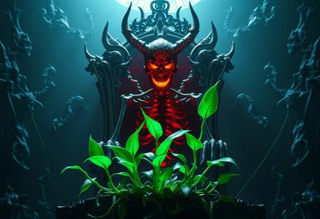 expert An intricate In the center, a skeletal automaton of aged steel glows with a ghastly viridian light. It wears a grotesque vermillion mask of demonic visage. It stands before a throne forged from bone and shadow, a nightmarish seat of power. Three vibrant emerald plants with serpentine vines entwine around its base, creating a haunting contrast. Cinematic lighting, deep shadows, richly detailed, gothic atmosphere, matte painting, octane render, trending on Artstation, unreal engine 5, golden ratio composition.
