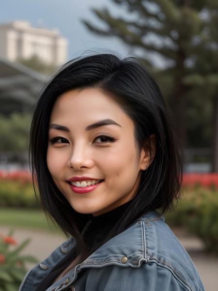 close-up portrait photo of ( 4nn44k4n4_V1-LoRA , (black hair)++ , smile, teeth), (park in background)++, 8k uhd, high quality, dramatic, bokeh