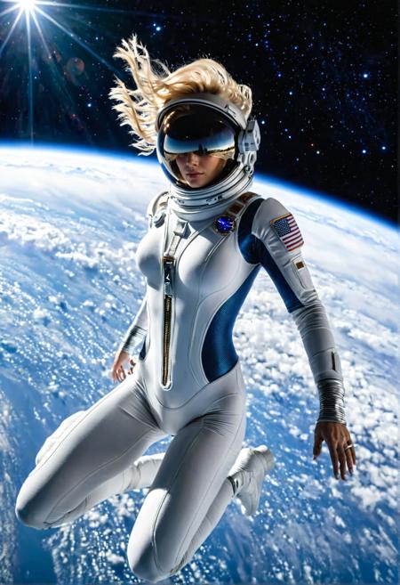 sexy blonde woman, futuristic, revealing spacesuit, sleek metallic design, tight-fitting, high-tech, astronaut, floating in space, outside space station, breathtaking view of Earth in the background, deep blue oceans, white clouds, curvature of the planet, dramatic lighting, glowing stars, realistic zero-gravity movement, hair floating, sensual pose, sci-fi atmosphere, cinematic photography, epic wide-angle shot, sense of vastness, glamorous and confident, 4K, RAW photo, highly detailed photo, sharp details