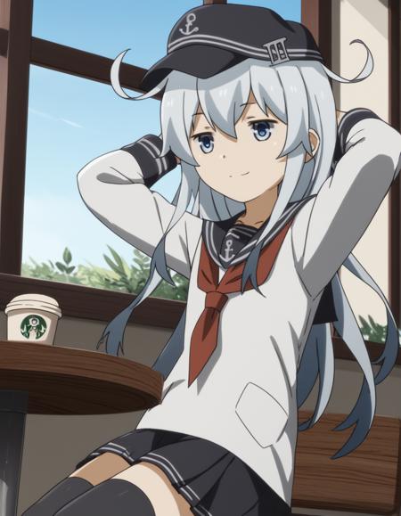 hibiki, long hair, blue eyes, white hair, grey hair, hibiki (kancolle) skirt, thighhighs, long sleeves, hat, school uniform, pleated skirt, serafuku, black thighhighs, black skirt, neckerchief, flat cap,