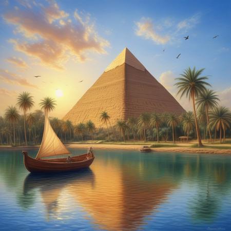 artwork depicting a serene and picturesque scene featuring a large, ancient Egyptian pyramid in the background, bathed in the warm glow of a setting sun. The pyramid is finished with a smooth white render with the sunlight reflecting off its surface. In the foreground, an ancient Egyptian sails a traditional wooden dhow with a tall mast, its sail billowing as it glides smoothly across a calm river. Surrounding the river are lush palm trees, their fronds swaying gently, adding to the tropical ambiance. The sky is a blend of warm oranges and soft blues, with a few birds soaring gracefully above, enhancing the tranquil atmosphere. The overall composition is balanced, with the pyramid centrally positioned, creating a harmonious and captivating visual experience. novuschroma10 style, colored pencil