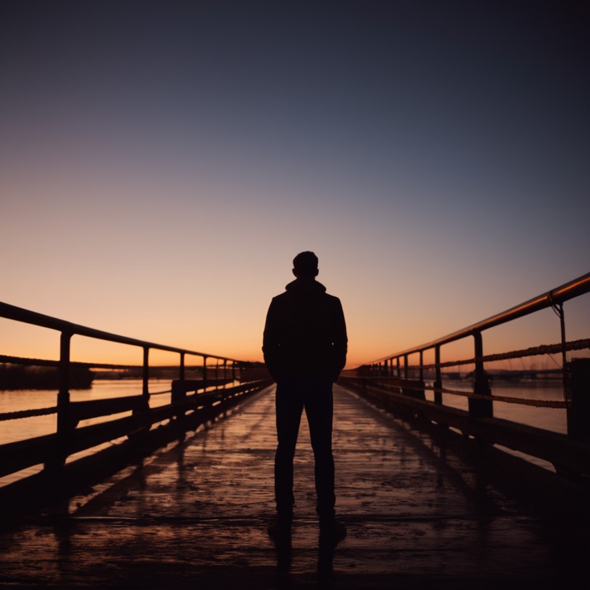 cinematic film still of  <lora:silhouette style v2:1>
A silhouette photo of a man standing in front of a bridge at sunset,...