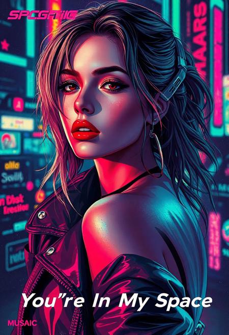 high quality design aesthetics, disco, synth pop, dynamic, detailed, pop album cover, melancholic, beautiful young white woman, bratty cyberpunk, artist name "MUSAIC", album title "You're In My Space"