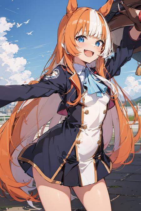 (absurdres:1.30), highres, ultra detailed, <lora:akikawa_yayoi_v1:0.70> loli, akikawa_yayoi, blue eyes, long hair, orange hair, white hair, two-tone hair, multicolored hair, horse girl, horse ears, small breasts, BREAK, penguin costume, laugh, outstretched arm