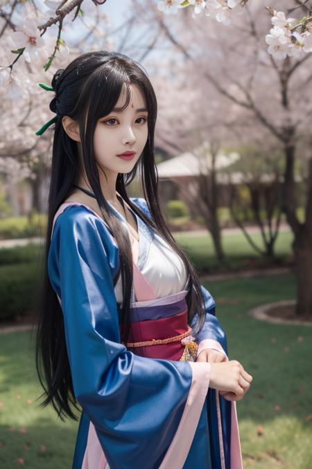 ltra-detailed,highly detailed,best quality,masterpiece,illustration,realistic,photorealistic,
liumengli, 1girl, solo, cosplay, 
hanfu, chinese clothes, wide sleeves, long sleeves, sash, hair ornament, 
long hair, black hair, bangs, blunt bangs, sidelocks, 
standing, looking at viewer, upper body, 
outdoors, grass, flower, day, cherry blossoms, tree, sunlight, photo background, rock, 
 <lora:liumengli_v1_06:0.6>