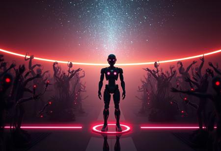 Create a hyper-realistic 8K image of a lone android standing in a dark, neon-lit Black Garden. The android's body is a fusion of mechanical and human elements, with intricate details and a lifelike appearance. The environment features interconnected human lifeforms, a light cone, and a sense of reboot or renewal. Incorporate a cinematic atmosphere with global illumination, volumetric lighting, and a breathtaking starry sky in the background. The color palette should be rich and vibrant, with a focus on the golden ratio. Use a wide-angle lens (around 35mm) to capture the full body of the android. The overall mood should be epic and cinematic, with a hint of mystery. References: Blend the styles of John Wallin Libert, Adrian Smith, Yoshitaka Amano, Zdzisław Beksiński, and Craig Mullins to achieve a unique, captivating visual effect.