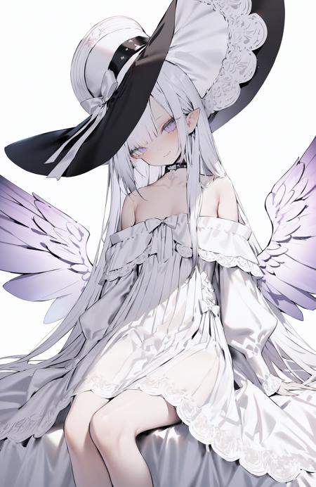 masterpiece, best quality,1girl, solo, purple eyes, dress, long hair, bangs, wings, hat, white hair, pointy ears, white dress, smile, long sleeves, very long hair, frills, white background, looking at viewer, bow, bare shoulders, witch hat, closed mouth, sitting, off shoulder, choker 
////////, <lora:kotrou020kohakuY128DIM-000082:1>