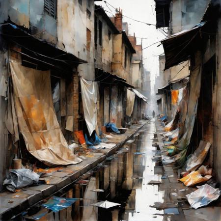 a makeshift slum-like den sidewalk, patchwork of tattered tarps and dilapidated cardboard walls, by Thomas Wells Schaller :: Leonid Afremov :: Carne Griffiths :: Russ Mills