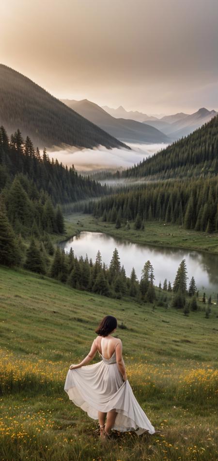 a beautiful curvy short brunette woman (standing :1.1) in a lake short hair, (glade:0.7), mountain scene, tall mountains, meadow, sunrise, fog, high detail, flowing dress, wind, dynamic pose