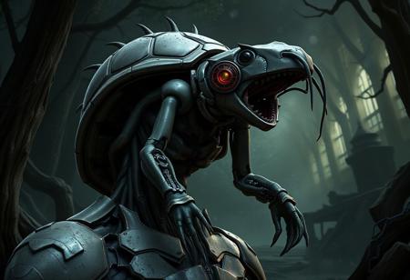 A detailed, lifelike robot design, with mantid features and an anthropomorphic turtle appearance, set against a Fiend's Sanctuary background. The robot is emaciated and modeled in Blender, with a cybernetic eye and potential resident evil virus concept. This design is influenced by the style of artists such as Tooth Wu, Wlop, Beeple, and Greg Rutkowski, and could be featured in Outer Wilds or trending on Artstation.