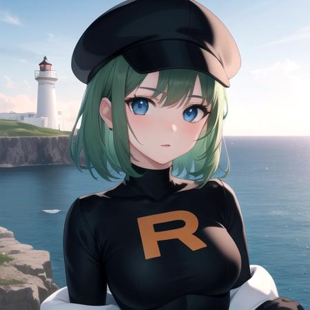 ((masterpiece)),(best quality),official art,extremely detailed CG,unity 8k wallpaper,ultra detailed,A lighthouse on a cliff by the sea,1girl,solo,upper body,(portrait:1.2),looking at viewer,belt,grey gloves,bangs,thigh boots,grey boots,black headwear,blue eyes,covered navel,cabbie hat,black hat,green hair,clothes writing,medium hair,short dress,black dress,pokemon (game),pokemon lgpe,team rocket,team rocket grunt,team rocket uniform,medium breasts,<lora:Team Rocket Grunt(pok)>,