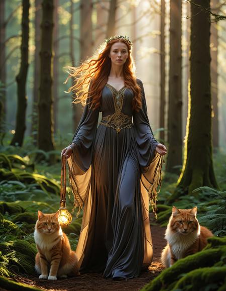 freyja, auburn hair, braided hair, magic, forest, mythic beauty, <lora:NBN-Freyja_NordicByNature:0.8>, ,Freya summoning magical cats, their fur glowing with celestial light.,low light, soft natural light, Rembrandt style light, Hasselblad DLSR camera, 200mm Zeiss lens, f/2.8 clear focus, high resolution image, ,Sexy pose, erotic pose, exhibitionism, ,The Mount Kilimanjaro in Tanzania with its snow-capped peak and diverse ecosystems