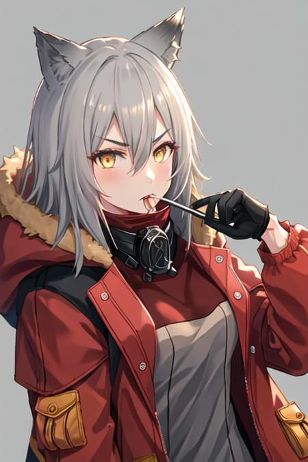 best quality, masterpiece, highres, solo, {projekt_red_arknights:1.15}, animal_ears, wolf_ears, grey_hair, hair_between_eyes, wolf_girl, yellow_eyes, bangs, long_hair, upper_body, 1girl, black_gloves, gloves, jacket, looking_at_viewer, red_shirt, biting, black_jacket, glove_biting, long_sleeves, mouth_hold, shirt, v-shaped_eyebrows, alternate_costume, breasts, coat, hand_up, open_clothes, character_name, grey_background