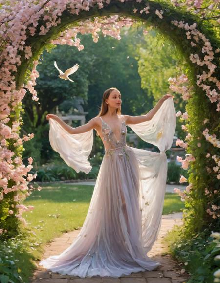 In this mesmerizing world, a beguiling Gabriella Kurus, adorned in an otherworldly ethereal gown, gracefully wanders the enchanting garden with a solitary grace, gliding beneath an archway that's laden with fragrant blossoms, and each captivating moment is captured as if from the perspective of an angelic bird, revealing her dreamlike presence in all its glory. <lora:louqrz18f68ad8f9at14f:1>