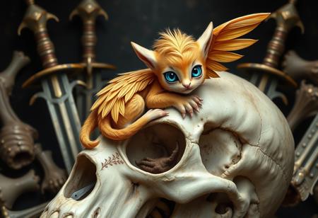 a tiny adorable griffon curled up on a huge skull, golden feathers, large blue cat eyes, Background bones and swords, armor