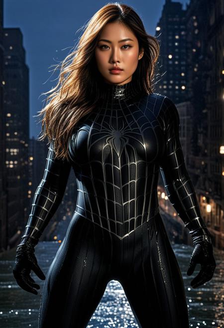 score_9, score_8_up, score_7_up, best quality, realistic, masterpiece, beautiful detail, hyperrealistic, night sky, ((1girl, woman body, huge breasts)), amazing detailed full body portrait of a beautiful japanese girl, wearing a realistic and highly detailed black raimi spider-man suit, ((huge muscular girl)), professional model wears ultra - detailed black raimi spider - man suit, ultra - detailed and grained black raimi spiderman suit, suit covered entire body and hand, black spiderman gloves, wet, (full body), (dynamic pose), close up, octane render, highly detailed, volumetric, dramatic lighting, (highest quality:1.1), (HDR:1.3), (top quality, best quality), realistic, high definition, Expressionism - sharp focus, professional photography, masterpiece, ultra detailed photograph, high quality, 8k,