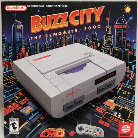 This is a photograph of a boxed copy of "BUZZ City 2000," video game. The box is predominantly black with gold, white, and red accents. The front features a stylized, futuristic cityscape with vibrant, neon colors. The title "BUZZ CITY 2000" is prominently displayed in bold, white letters. The box includes a Super Nintendo Entertainment System (SNES) logo in the bottom left corner. The background of the image is plain white.