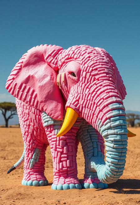 "Create a photorealistic image of an African elephant constructed from thousands of wads of chewing gum, each with a distinct flavor and color. The gum should be stuck together to form a massive, lifelike elephant shape, with pink 'bubblegum' gum forming the ears, blue'spearmint' gum creating a cool, mottled effect on the body, and yellow 'lemon' gum used to create a bright, sunny tusk. The gum should be textured and irregular, with visible ridges and crevices where the wads have been pressed together. The elephant's wrinkles and folds should be meticulously rendered, with tiny pieces of gum forming the fine details of the eyes, nostrils, and mouth. A few stray strands of gum should be stretched out from the elephant's body, as if they're still sticky and fresh. The background should be a warm, sun-baked savannah, with a few acacia trees and a bright blue sky." highest-Quality, 8 k, intricate details, visually stunning, Masterpiece