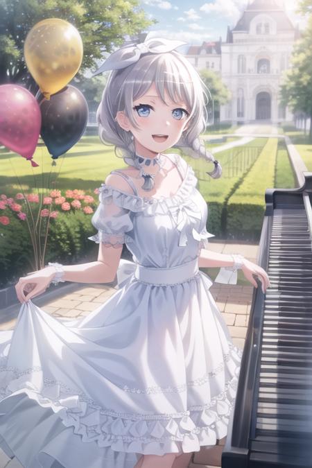 <lora:EveWakamiya-10:0.8>,wakamiya eve, 1girl, solo, long hair, looking at viewer, blush, smile, open mouth, blue eyes, dress, ribbon, hair ribbon, braid, flower, white hair, short sleeves, :d, outdoors, frills, sky, choker, day, white dress, twin braids, rose, frilled dress, instrument, white ribbon, pink flower, blue flower, skirt hold, balloon, white choker, piano