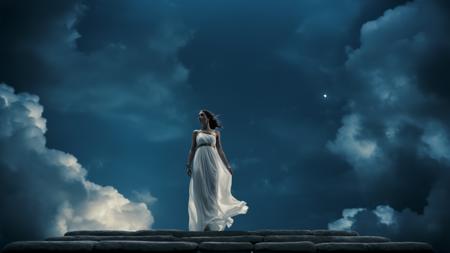 cinematic film still of  <lora:spartan style v2:1>
In 480 B.C. Oracle Girl a woman in a white dress is floating in the dark temple with cloudy blue night sky, spartan style, shallow depth of field, vignette, highly detailed, high budget, bokeh, cinemascope, moody, epic, gorgeous, film grain, grainy