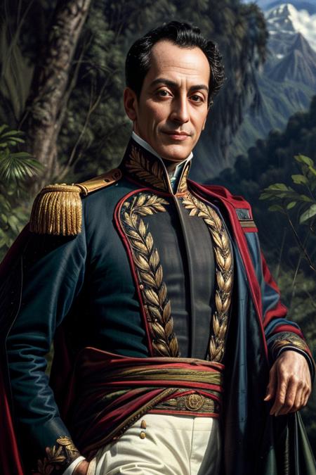 <lora:simonbolivar-08:0.7> simonbolivar  (best quality, masterpiece, ultra-detailed:1.2), 1boy ,solo,looking at viewer, smile, black hair  <lora:more_details:1> ( sharp:1.2) ,(with a passage of plain and green nature in the background:1.1)