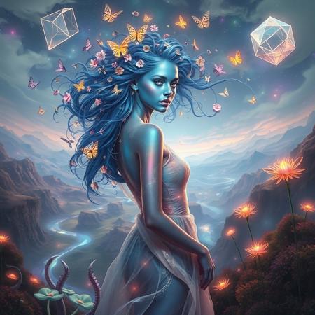 Photrealistic image of a stunning woman with iridescent skin that shifts colors from deep blue to shimmering silver, standing in a dreamlike environment. Her hair is an intricate tapestry of flowing vines and flowers, intertwining with luminous butterflies that flutter around her.
The background features a bizarre landscape with gravity-defying hills and swirling rivers of liquid light. Giant, floating geometric shapes hover in the sky, casting colorful shadows on the ground. 
The woman wears an avant-garde dress made of translucent fabric that appears to be woven from starlight, changing form with each movement. Her eyes are multifaceted, resembling prisms, reflecting the surreal colors around her. 
Strange, whimsical creatures with elongated limbs and radiant patterns explore the landscape, while abstract, pulsating plants emit soft glows. The scene evokes a sense of wonder and enchantment, blurring the lines between reality and fantasy.