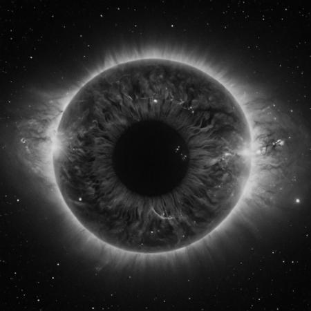 cinematic, (((black and white, monochrome, greyscale))), portrait of a mysterious, bioluminescent, eye, the beauty of the galaxy are shown through this eye, supernovas and pulsars erupt, 4k, high quality, grain, grainy, noise, detailed, contrast, heavy dynamic shadows, atmospheric,