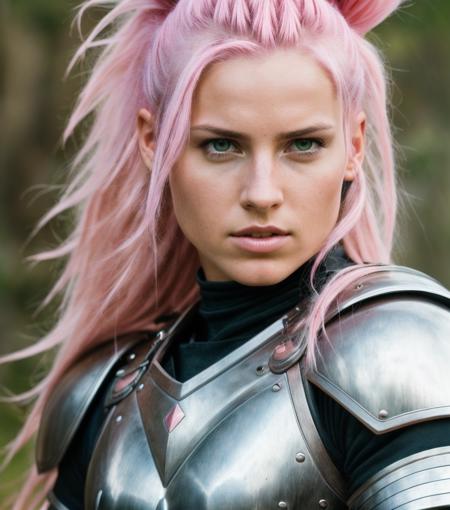 warrior, hair pink, armor leather pink ((realism)), extremely high quality RAW photograph, ultra detailed photograph, sharp focus, high resolution, high quality, film grain, Fujifilm XT3,Highly Detailed, movie, (Cinematic Photo:1.3) of (Realistic:1.3),Photorealism, (Magical Photo:1.3)