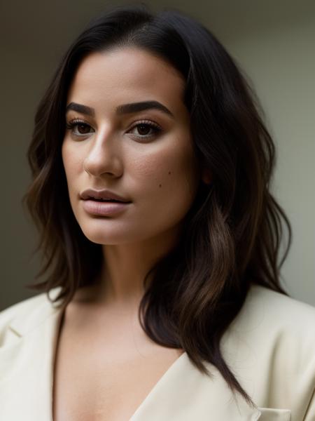 Realistic photo of a beautiful l34m1ch3l3 woman, 1girl, solo, long hair, looking at viewer, simple background, brown hair, shirt, black hair, brown eyes, jacket, white shirt, upper body, parted lips, open clothes, mole, lips, realistic, nose, soft Lighting, professional Photography, Photorealistic, detailed, RAW, analog, sharp focus, 8k, HD, DSLR, high quality, Fujifilm XT3, film grain, award winning, masterpiece<lora:l34m1ch3l3:1.0>