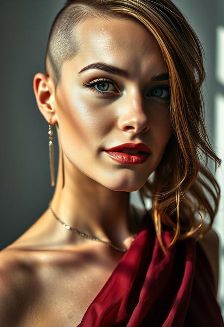 A captivating, cinematic portrait of a rebellious beauty. A 35-year-old Caucasian woman, her asymmetrical haircut - one side shaved, the other cascading in long, flowing waves - frames her alluring face. Soft, natural light illuminates her features, casting delicate shadows that accentuate her high cheekbones and sultry eyes. Her eyes, smoldering with desire, are framed by dramatic, kohl-rimmed eyeliner and long, feathery lashes. Her lips, painted a deep, seductive red, curve into a knowing smile. Her skin, flawless and radiant, is adorned with a touch of bronzer and highlighter.
She’s draped in a sheer, flowing garment that reveals glimpses of her toned physique. The garment, a rich, deep color, contrasts with the stark white background, drawing attention to her form. A delicate, yet edgy piece of jewelry, perhaps a silver choker or a long, dangling earring, adds a touch of rebellion to her sensual look.
The overall mood of the image is both alluring and intimidating, reflecting the complex nature of this enigmatic woman.