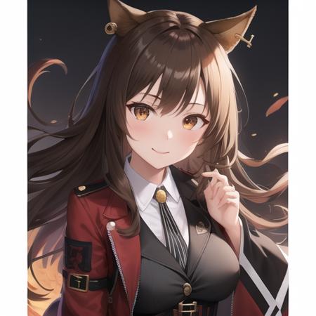 masterpiece,best quality,absurdres,highres,1girl,solo,upper body,(portrait:1.2),animal_ears,cat_ears,long_hair,cat_tail,brown_hair,red_jacket,black_footwear,red_pantyhose,looking_at_viewer,gradient_legwear,brown_eyes,belt,sleeves_past_wrists,open_jacket,medium_breasts,black_skirt,smile,high heels,bangs,long_sleeves,pleated_skirt,white_shirt,wide_sleeves,earrings,collared_shirt,brown_pantyhose,floating_hair,black_necktie,jewelry,black_pantyhose,striped,short_dress,black_jacket,<lora:Skyfire(ark)>,